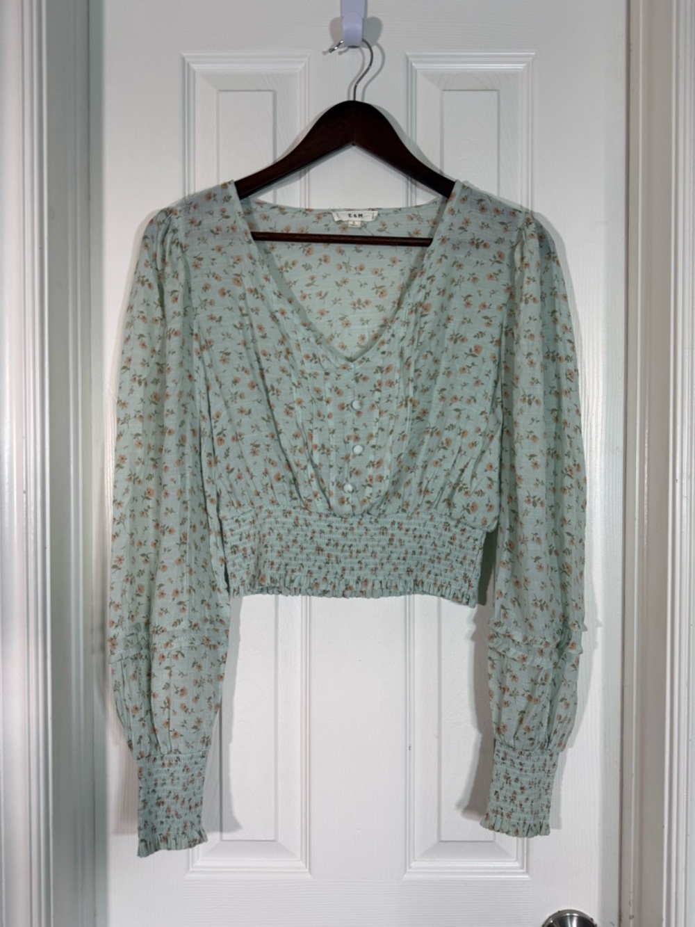 E & M Floral Smocked Waist Cropped Blouse Mint Green Size L